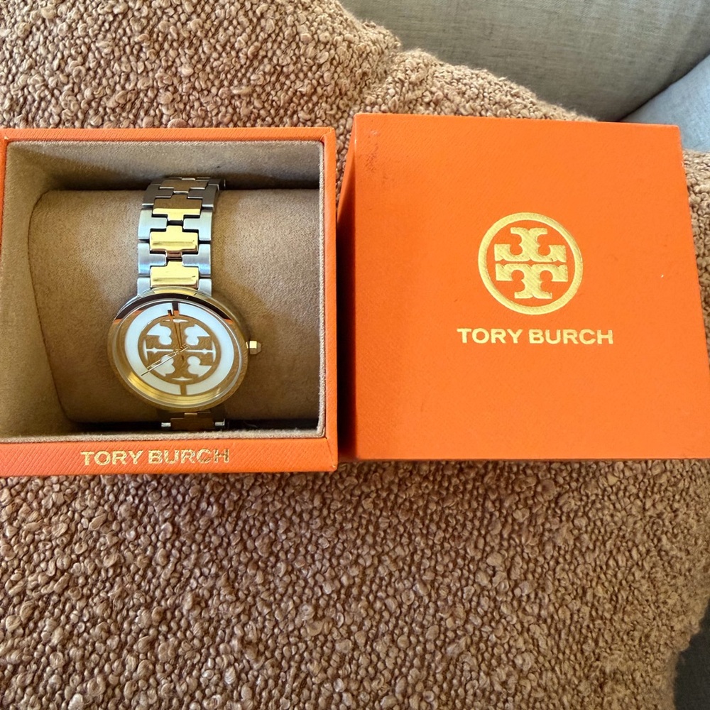 Tory Burch Gold and Silver Logo Watch